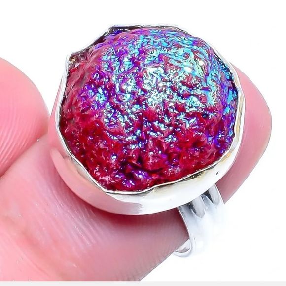 Sterling Silver 925 and titanium druzy stone hand crafted boho ring sz 7.5 new - Picture 1 of 5
